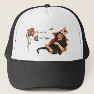 Oude Halloween-groeten Heks met Kat Trucker Pet