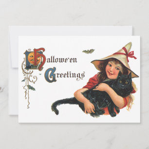 Oude Halloween-groeten, kind heks met kat Kaart