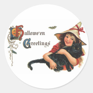 Oude Halloween-groeten, kind heks met kat Ronde Sticker