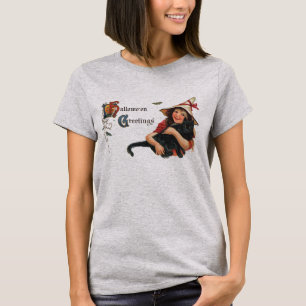 Oude Halloween-groeten, kind heks met kat T-shirt