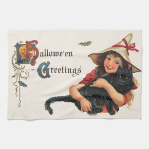 Oude Halloween-groeten, kind heks met kat Theedoek
