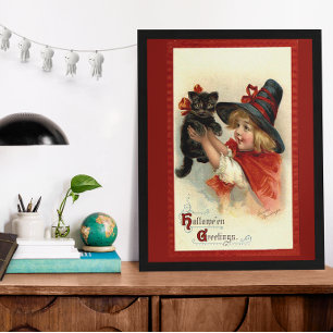 Oude Halloween-groeten Kleine Heks en Kat Poster