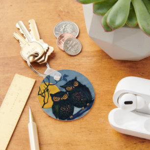 Oude Halloween-groeten, Uilen in boom met maan Sleutelhanger