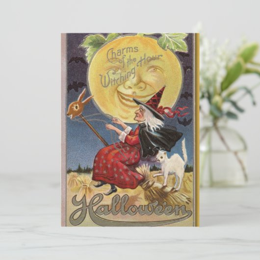 Oude Halloween Heks en Grote Maan Feestdagenkaart (Staand voorkant)