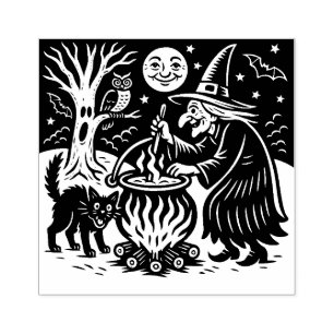 Oude Halloween Heks en Kat Rubber Stempel