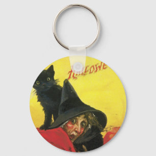 Oude Halloween Heks en Kat Sleutelhanger