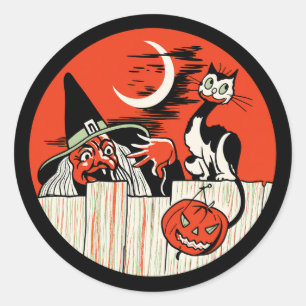 Oude Halloween Heks en Kat Sticker