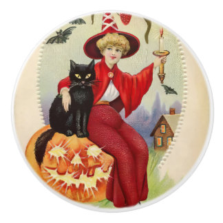 Oude Halloween Heks en Zwarte Kat Keramische Knop