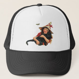 Oude Halloween, heks meisje met zwarte kat Trucker Pet