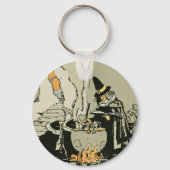 Oude Halloween, Heks met Ketel en Katten Sleutelhanger (Voorkant)