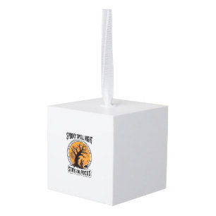 Oude Halloween Heksenboom en Zwarte Kat Grafisch Kubus Ornament