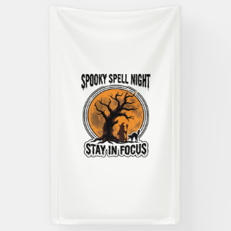 Oude Halloween Heksenboom en Zwarte Kat Grafisch Spandoek