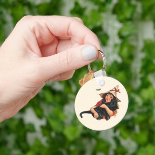 Oude Halloween, heksenmeisje met zwarte kat Sleutelhanger