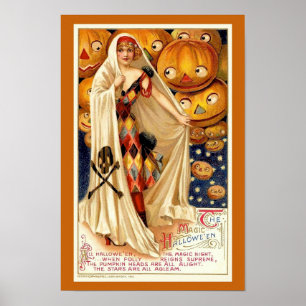 Oude Halloween-illustratie heks pompoenen  Poster