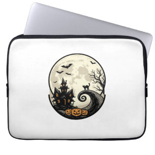Oude Halloween Kat Maan Spookhuis Vector Afbeeldin Laptop Sleeve