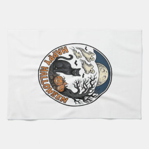 Oude Halloween Kat Maanlicht Spook Badge_1 Theedoek
