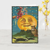 Oude Halloween Maan Heks Groet Kaart (Gele Bloem)