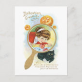 Oude halloween, meisje en zwarte kat briefkaart (Voorkant)