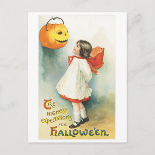 Oude halloween, meisje & Jack-o'-lantaarn Briefkaart
