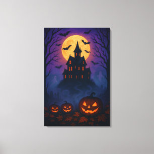 Oude Halloween Nacht met Volle Maan en Vleermuizen Canvas Afdruk