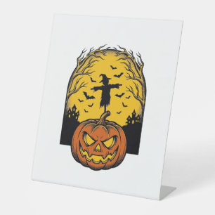 Oude Halloween Pompoen Maan Vogelverschrikker Kuns Reclamebord Met Voetstuk