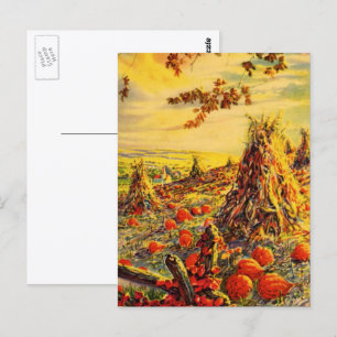 Oude Halloween pompoenveld met hooibergen Briefkaart