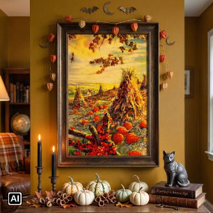 Oude Halloween pompoenveld met hooibergen Poster