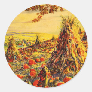 Oude Halloween pompoenveld met hooibergen Ronde Sticker