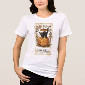 Oude Halloween-prentbriefkaart Kat Jack O Lantern Tri-Blend Shirt