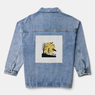 Oude Halloween Skelet Hond Maan Vector Design_ Denim Jacket