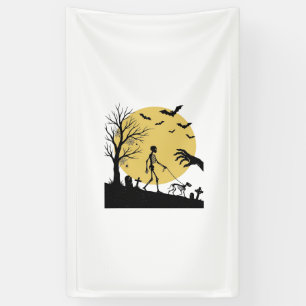Oude Halloween Skelet Hond Maan Vector Design_ Spandoek