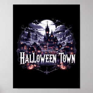 Oude Halloween Stad Skelet Geest Pompoen Hal Poster
