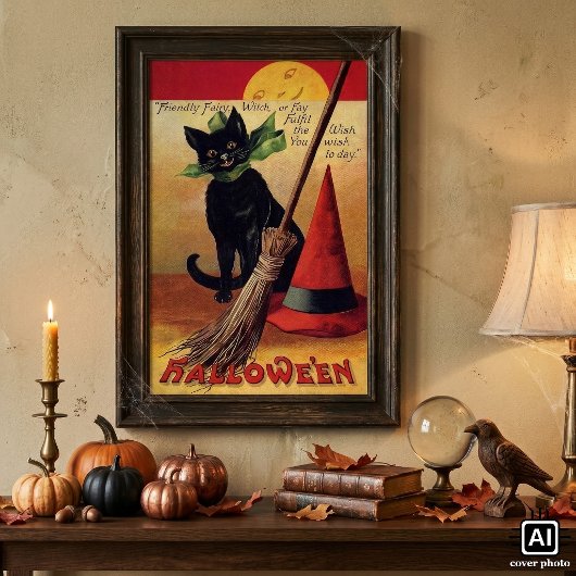 Oude Halloween van Ellen Clapsaddle, Zwarte Kat Poster