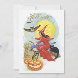 Oude Halloween, Vliegende Heks met een Zwarte Kat Kaart