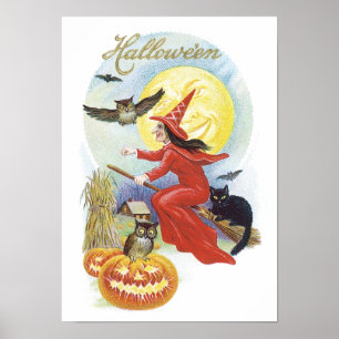 Oude Halloween, Vliegende Heks met een Zwarte Kat Poster