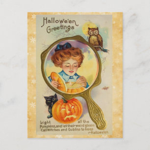 Oude Halloween-vrouw Pompoen en Uil Briefkaart