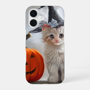 Oude Halloween witte kat en Jack-o'-lantern iPhone 16 Hoesje
