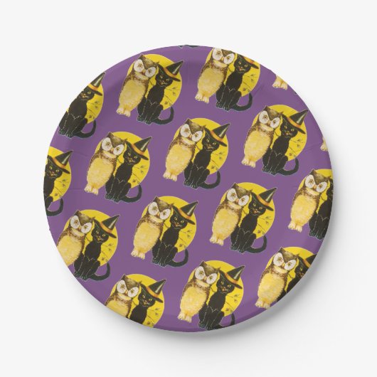 Oude halloween, zwarte kat en oorts papieren bordje (Voorkant)