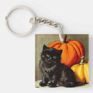 Oude Halloween Zwarte Kat en Pompoenen Sleutelhanger
