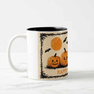Oude Halloween Zwarte Kat en Pompoenen Tweekleurige Koffiemok