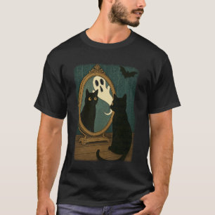 Oude Halloween Zwarte Kat Geest in Spiegel Kat Lie T-shirt