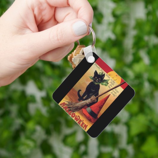 Oude Halloween Zwarte Kat, Heks bezem en Hoed Sleutelhanger (Hand)