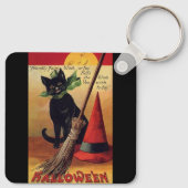 Oude Halloween Zwarte Kat, Heks bezem en Hoed Sleutelhanger (Achterkant)