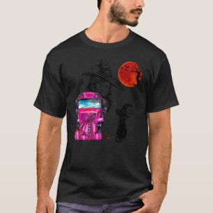 Oude Halloween Zwarte Kat Heks Maan & Roze Scho T-shirt