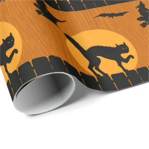Oude Halloween Zwarte Kat, Heks Maan Silhouet Cadeaupapier