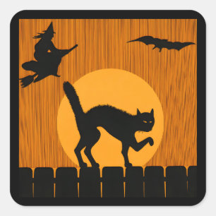Oude Halloween Zwarte Kat, Heks Maan Silhouet Vierkante Sticker