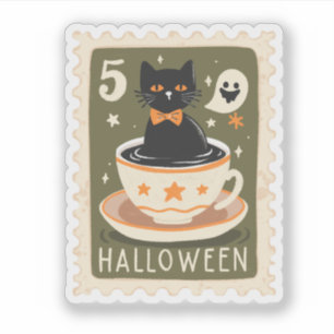Oude Halloween Zwarte Kat in Theekopje Stempel Sticker