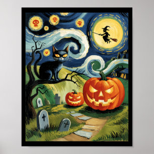 Oude Halloween Zwarte Kat Op Een Y Nacht Spookacht Poster
