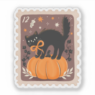 Oude Halloween Zwarte Kat op Pompoen Stempel Sticker