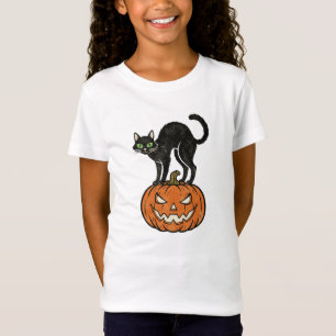 Oude Halloween Zwarte Kat & Pompoen Retro Design T-shirt